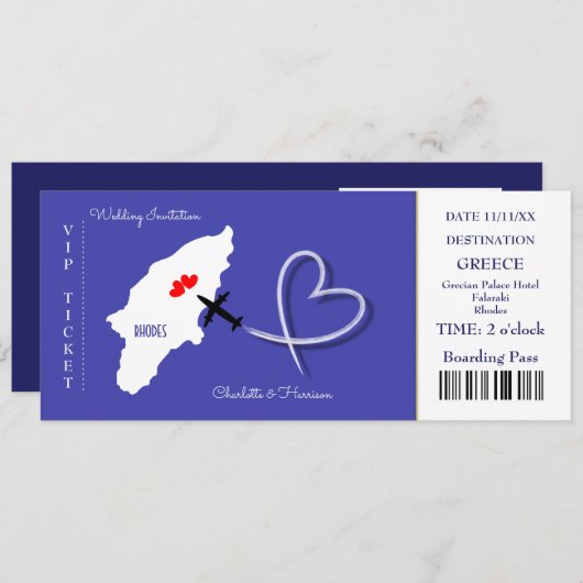 Hochzeit in Urlaubsort Rhodes Griechenland Ticket Einladung (Vorne/Hinten)