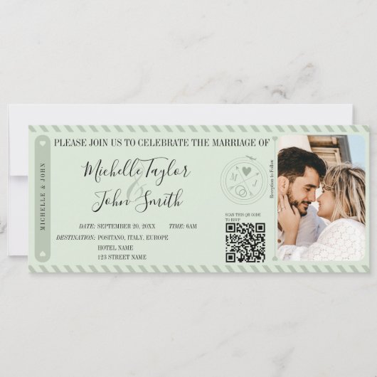 Hochzeit in Urlaubsort Sage Boarding Pass QR Code Einladung (Vorderseite)