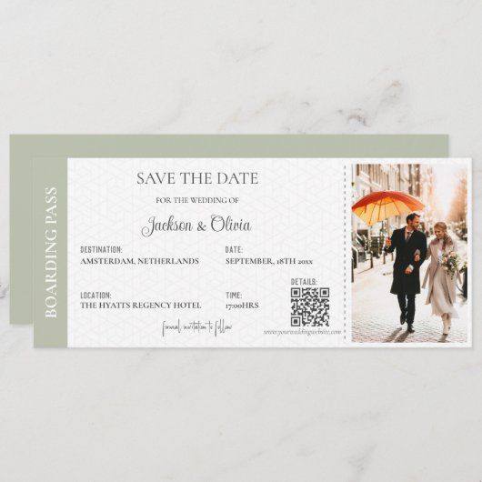Hochzeit in Urlaubsort Sage Green Save The Date (Vorne/Hinten)