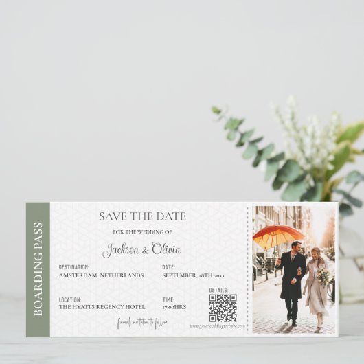 Hochzeit in Urlaubsort Sage Green Save The Date (Stehend Vorderseite)