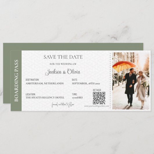 Hochzeit in Urlaubsort Sage Green Save The Date (Vorne/Hinten)