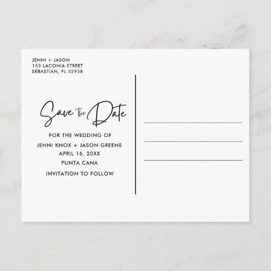 Hochzeit in Urlaubsort Save the Date Ankündigungspostkarte (Rückseite)