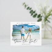 Hochzeit in Urlaubsort Save the Date Ankündigungspostkarte (Stehend Vorderseite)