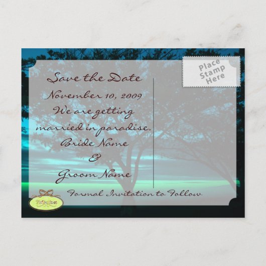 Hochzeit in Urlaubsort Save the Date Ankündigungspostkarte (Rückseite)