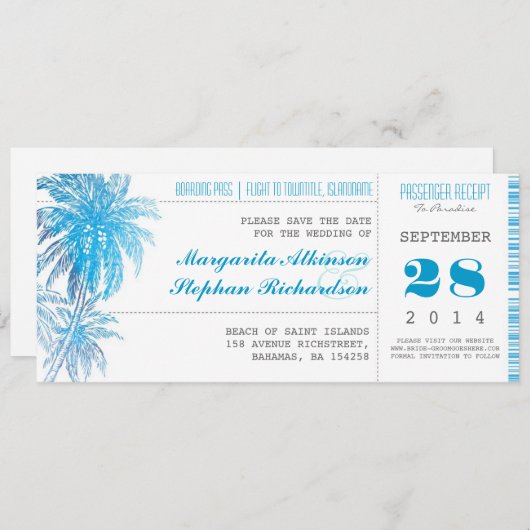 Hochzeit in Urlaubsort Save the Date Tickets Pass (Vorne/Hinten)