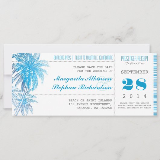 Hochzeit in Urlaubsort Save the Date Tickets Pass (Vorderseite)