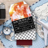 Hochzeit in Urlaubsort Schwarz-weißer Gepäckanhäng Save The Date