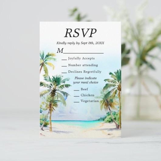 Hochzeit in Urlaubsort Tropical Beach RSVP Karte (Stehend Vorderseite)