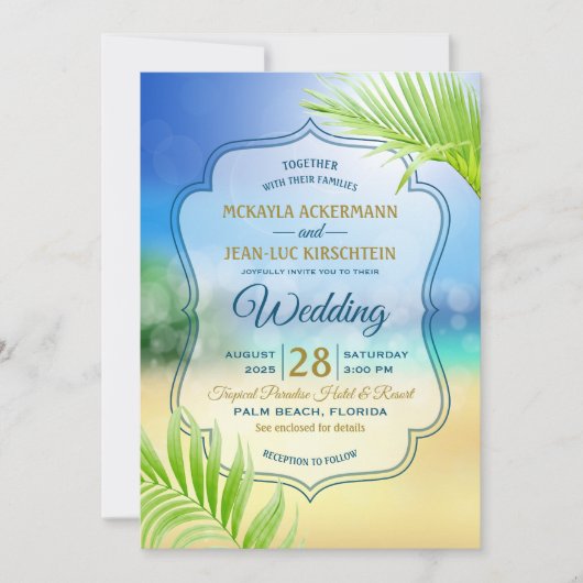 Hochzeit in Urlaubsort Tropical Palm Tree Leaf Einladung (Vorderseite)