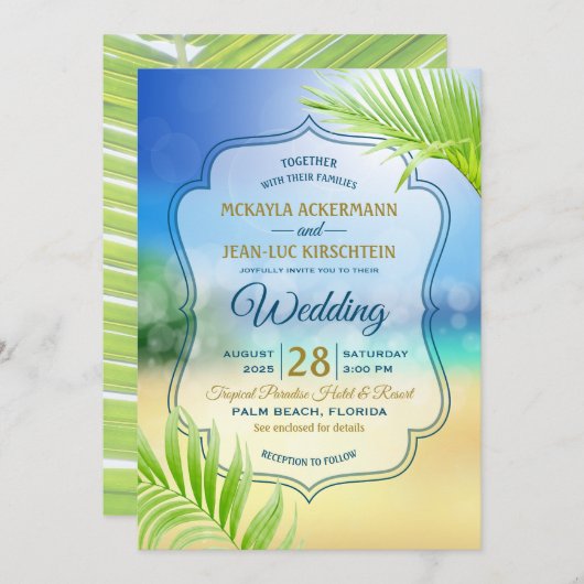 Hochzeit in Urlaubsort Tropical Palm Tree Leaf Einladung (Vorne/Hinten)