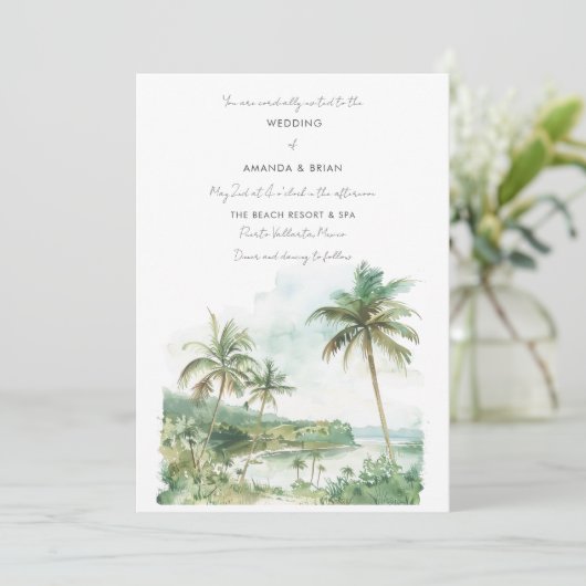 Hochzeit in Urlaubsort von Aquarell Beach Einladung (Stehend Vorderseite)
