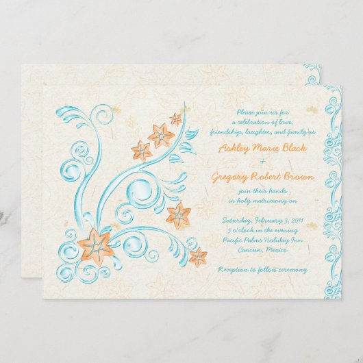 Hochzeit in Urlaubsort von Starfish und Wasser Einladung (Vorne/Hinten)