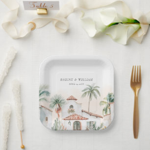 Hochzeit in Urlaubsort Watercolor Palm Tree Pappteller