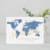 Hochzeit in Urlaubsort World Map Blue Save the Dat Folieneinladung (Stehend vorne)