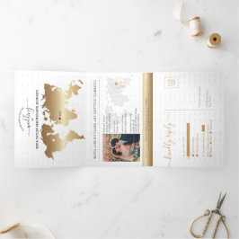 Hochzeit in Urlaubsort World Map Gold Navy Dreifach Gefaltete Urlaubskarte