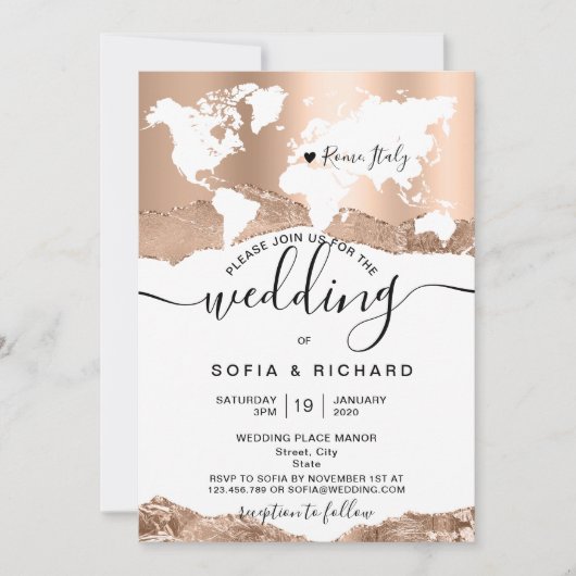 Hochzeit in Urlaubsort World Map Rose Gold Einladung (Vorderseite)