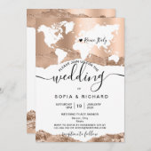 Hochzeit in Urlaubsort World Map Rose Gold Einladung (Vorne/Hinten)