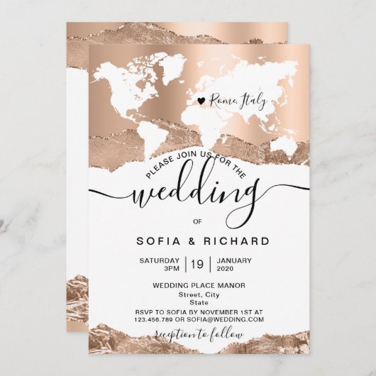 Hochzeit in Urlaubsort World Map Rose Gold Einladung (Vorne/Hinten)