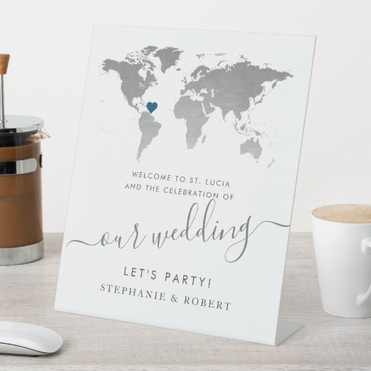 Hochzeit in Urlaubsort World Map Silver Willkommen Sockelschild (In Situ)