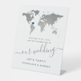 Hochzeit in Urlaubsort World Map Silver Willkommen Sockelschild