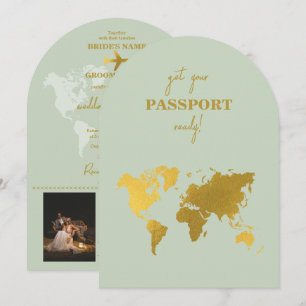 Hochzeit in Urlaubsort World Passport Sage Green G Einladung