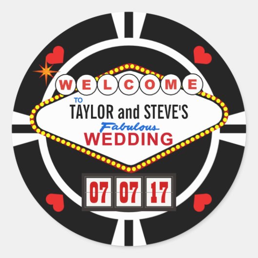 Hochzeit in Vegas Casino Gefallen Poker Chip Runder Aufkleber (Vorderseite)