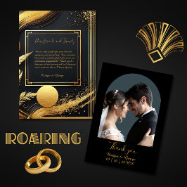 Hochzeit in Vintagem schwarzem Gold der 20er Jahre Dankeskarte