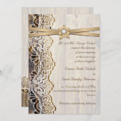 Hochzeit in Weiß, Band, Blume und Holz Einladung (Vorne/Hinten)