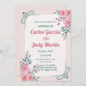 Hochzeit in weißem Grün und Rosa Einladung (Vorne/Hinten)