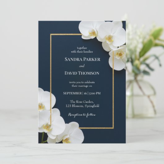 Hochzeit in weißer Orchidee Einladung (Stehend Vorderseite)