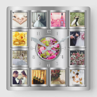 Hochzeit, Jahrestag, Special Event Silver Collage Quadratische Wanduhr
