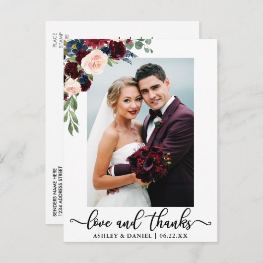 Hochzeit Liebe und Dank an Burgundy Blue Floral Postkarte (Vorne/Hinten)