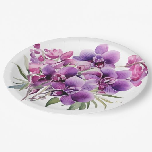 Hochzeit lila Orchideen Pappteller (Schrägansicht)