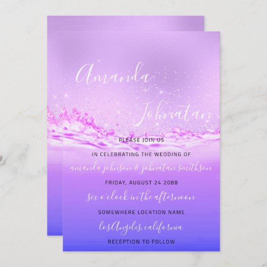 Hochzeit Lila Ozean Pink Spark Bubbles Aqua Einladung (Vorne/Hinten)