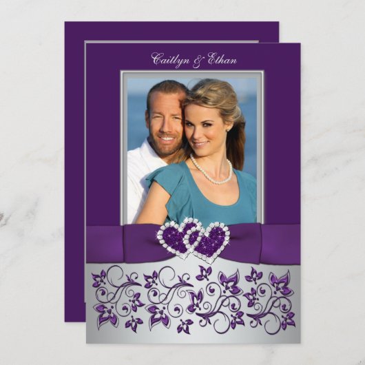 Hochzeit | Lila, Silber | Blumenstrauß, Herz | FOT Einladung (Vorne/Hinten)