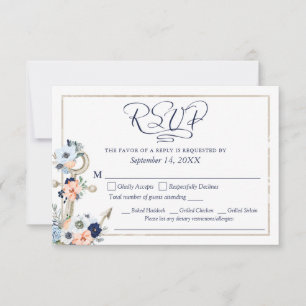 Hochzeit Maritimer Anker Marineblau Pfirsich Menü  RSVP Karte