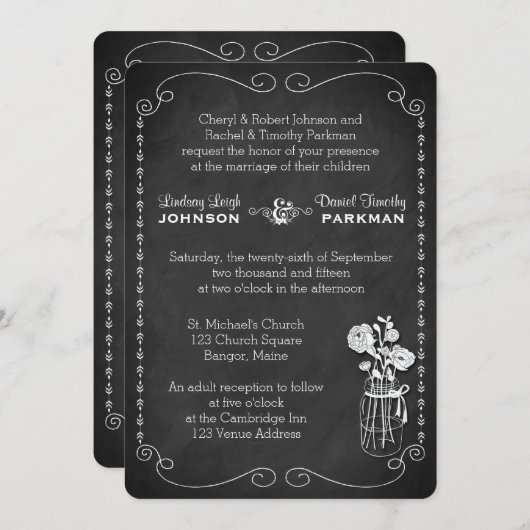 Hochzeit| Mason Jar, Blume, Scrolls| Kopfkarton Einladung (Vorne/Hinten)