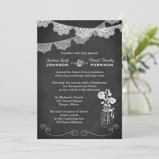 Hochzeit | Mason Jar, Spitzenjagd | Kopfbrett Einladung (Stehend Vorderseite)