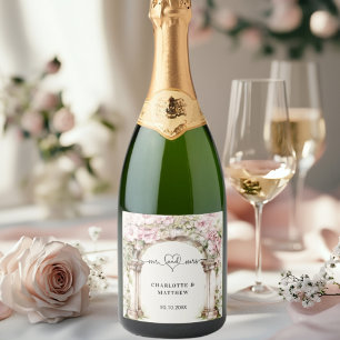 Hochzeit mehr Herz Drehbuch rosa Floralbogen Bogen Schaumweinetikett
