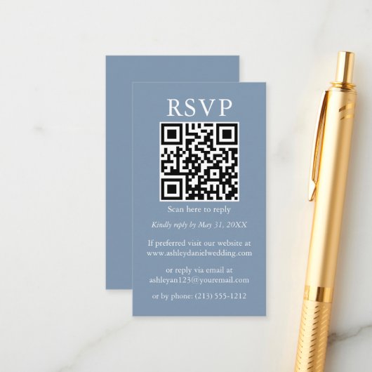 Hochzeit Minimalistisch einfache QR UAWG Dusty Blu Begleitkarte (Vorderseite/Rückseite Beispiel)