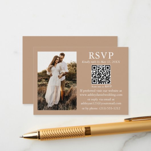 Hochzeit Minimalistische Simple Taupe QR Foto UAWG Begleitkarte (Vorderseite/Rückseite Beispiel)