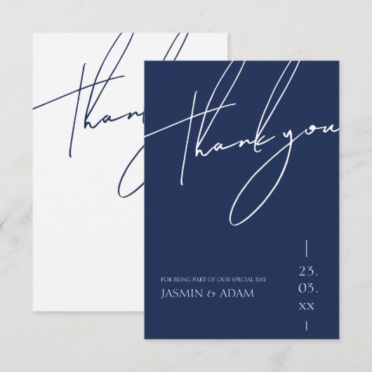 Hochzeit Minimalistischer Navy-Script-Typografie Dankeskarte (Vorne/Hinten)