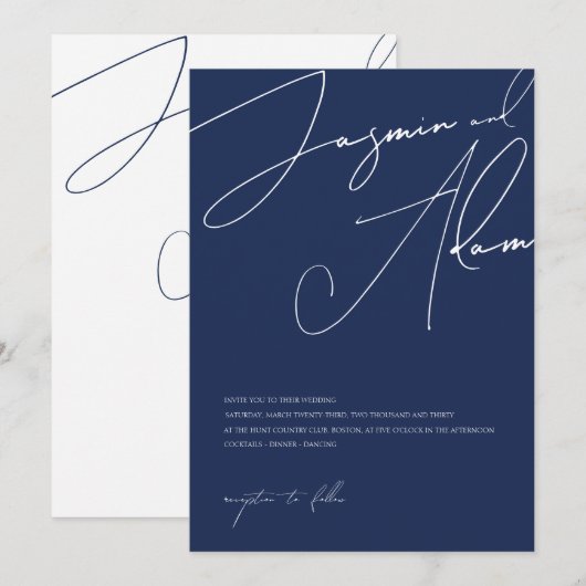 Hochzeit Minimalistischer Navy-Script-Typografie Einladung (Vorne/Hinten)