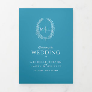 Hochzeit mit aquamarinem weißen Monogramm-Kranz Dreifach-gefaltete Programmkarte