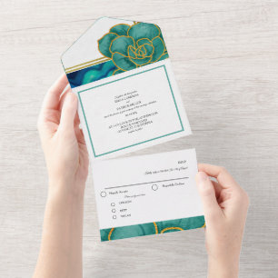 Hochzeit mit aquamariner Blütenblume All In One Einladung