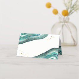 Hochzeit mit Aquamariner Wasserfarbe und Goldgeode Platzkarte