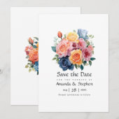 Hochzeit mit Blau, Rosa, Orange und grüner Blüte Save The Date (Vorne/Hinten)