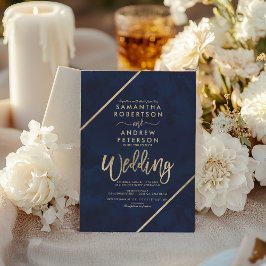 Hochzeit mit blauem Aquarell in Goldschrift Einladung