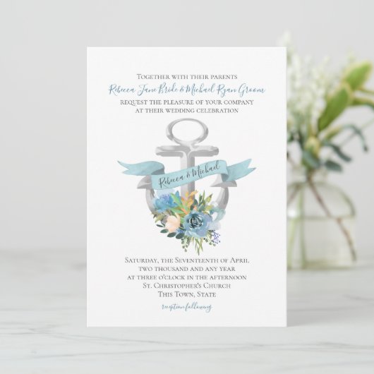 Hochzeit mit blauem Blumenkor Einladung (Stehend Vorderseite)