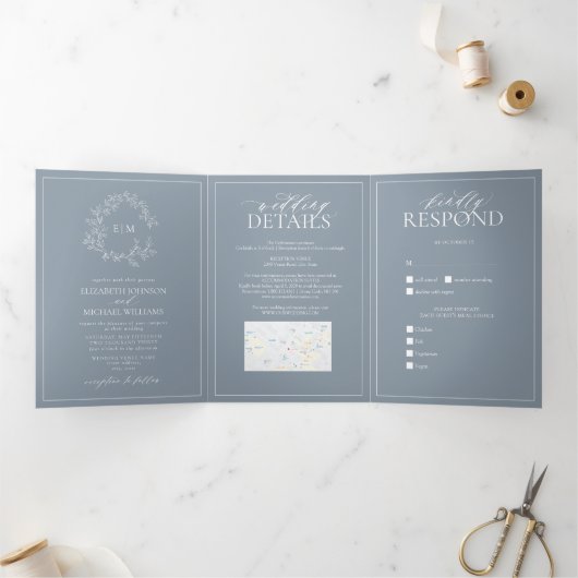 Hochzeit mit blauem Wappen Dreifach Gefaltete Einladung (Innenseite)